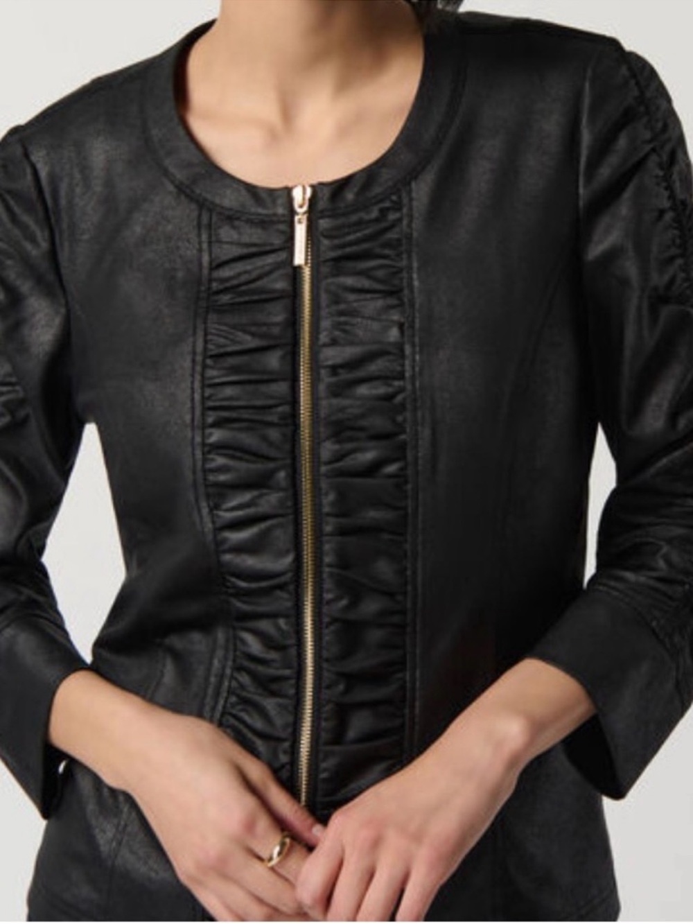 Joseph Ribkoff Black Leather Ruffle-Front Jacket